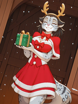 anthro black_hair breasts christmas clothed clothing dress eyes_closed female fur gift hair holidays horn iskra smile snow snowing solo spots spotted_body spotted_fur anontk the_elder_scrolls twokinds adira_riftwall felid mammal pantherine snow_leopard hi_res