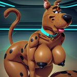 anthro bent_over black_nipples black_nose black_spots blue_collar brown_body canid canine canis collar domestic_dog female great_dane hi_res lips looking_at_viewer mammal mastiff molosser nipples scooby-doo solo sombreru spots spotted_body thick_lips wide_hips