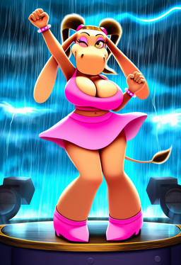 anthro big_breasts boots bottomwear bracelet bracelets breasts clothed clothing crop_top dancewear female footwear fur hair high_heels jewelry lightning lipstick looking_at_viewer makeup navel one_eye_closed outside pigtails pink_clothing ponytail raining raised_arm shirt skirt smile solo stage standing storm_cloud tail tan_body tan_fur thunderstorm topwear tutu wink winking winking_at_viewer boxen549 jamba holly_dolly_(character) asinus donkey equid equine mammal hi_res