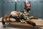 anus backsack balls black_balls butt camo camo_clothing camo_print clothed clothed_feral clothing feral genitals harness locker_room lying male multicolored_body on_side pattern_clothing pawpads paws presenting presenting_hindquarters solo tactical_gear visor quadfiend canid canine canis domestic_dog herding_dog malinois_dog mammal pastoral_dog sheepdog hi_res