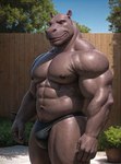 anthro backyard big_muscles black_clothing black_underwear clothing huge_muscles light male muscular navel plant shirtless solo sunlight tree underwear wood unknown_director common_hippopotamus hippopotamid mammal hi_res