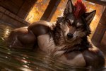 anthro askiewarg bathing canid canine canis fur hatiwarg_fursona male mammal mohawk muscular muscular_male prompt_metainfo solo wet wet_body wet_fur wolf