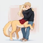 4_toes barefoot black_clothing black_shirt black_topwear blonde_hair blue_bottomwear blue_clothing blush bottomwear choker clothed clothing countershade_torso countershading denim denim_bottomwear denim_clothing digitigrade duo embrace eyebrows eyelashes eyes_closed feet female female_on_human footwear fully_clothed fur hair hug human_on_taur interspecies jeans jewelry long_hair looking_at_another male male/female multicolored_body multicolored_fur necklace nuzzling pants pattern_clothing paws pink_nose plaid plaid_clothing quadruped red_eyes romantic shirt shoes simple_background skirt smile standing tail tan_body toes topwear tuft two_tone_body white_body yellow_body yellow_fur anonymous_director felid felid_taur human mammal mammal_taur pantherine taur absurd_res hi_res shaded