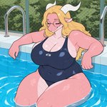 big_breasts blonde_hair breasts cleavage clothed clothing eyes_closed eyewear female glasses hair horn long_hair mythology partially_submerged pink_body pink_scales pool round_glasses scales school_swimsuit sitting slightly_chubby smile solo swimwear thick_thighs water white_horn wide_hips zackfox ril_chauraussir_(zackfox) dragon mythological_creature mythological_scalie scalie hi_res