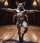 abs alternate_version_at_source anthro athletic athletic_male balls bat_ears bat_wings chandelier chiropteran colored colorful dancing detailed detailed_background detailed_fur flaccid full-length_portrait fur genitals hi_res humanoid_genitalia humanoid_penis inside light lighting looking_at_viewer male mammal membrane_(anatomy) membranous_wings muscular muscular_anthro muscular_male navel notte nude paws pecs penis portrait presenting pubes realistic shaded smile soft_shading solo warm_colors wings