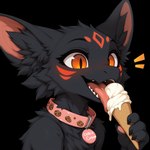 ambiguous_gender black_body black_fur blush claws collar cookie dessert eating fingers food fur holding_food holding_object ice_cream inner_ear_fluff licking markings open_mouth orange_eyes pawpads paws simple_background solo teeth text tongue tongue_out transparent_background tuft wholesome_content anotheranon cookie_(anotheranon) furred_kobold kobold alpha_channel bust_portrait hi_res portrait