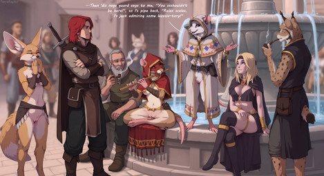 accessory anthro arm_wraps armlet arms_crossed belt black_sclera blonde_hair boots bottomless bracelet breasts brown_body brown_fur chest_tuft chest_wraps cloak clothed clothing crossed_legs digitigrade elderly_male female female_anthro female_human flute footwear fountain from_front_position front_view fur genitals grey_hair group hair happy headband hood_up humor jewelry laughing legwear lotus_position male male_anthro male_human medieval melee_weapon mostly_nude musical_instrument neck_tuft necklace open_clothing open_robe pink_eyes plaza pussy red_eyes red_hair robe sex sitting skimpy smoking smoking_pipe social_nudity standing stubble sword text thigh_highs town tuft tunic under_boob weapon whiskers white_body white_fur wind_instrument woodwind_instrument wraps terraraptor canid canine felid feline fennec fox human lynx mammal murid murine rat rodent director_name english_text hi_res