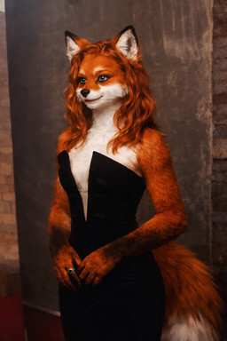 anthro black_clothing black_dress blue_eyes classy clothing deep_v_neck digitigrade dress elegant evening_dress fashion female fluffy_fur fox_ears fox_tail photorealism solo strapless_clothing strapless_dress studio_lighting vulpine fauirien canid canine fox mammal red_fox hi_res portrait