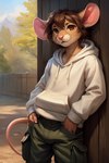 anthro bottomwear brown_eyes brown_hair cargo_pants clothing fur hair hands_in_both_pockets hoodie male pants solo tan_body tan_fur topwear mindry malden_(mindry) mammal mouse murid murine rodent