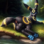 anus backsack balls big_balls blue_eyes butt canid canine dailyaiferal eeveelution feral fur generation_2_pokemon genitals looking_at_viewer lying male mammal outdoors paws pokemon_(species) presenting presenting_anus puffy_anus raised_tail river smile solo umbreon