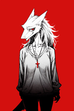 4_fingers anthro baggy_clothing black_body black_fur bottomless bottomless_female cheek_tuft chest_tuft clawed_hands claws clothed clothing collarbone cross cross_necklace facial_tuft female fingers fur hair jewelry looking_at_viewer necklace pendant red_eyes solo sweater tail topwear tuft white_body white_fur knotanotherfurry sergal 2025 absurd_res hi_res