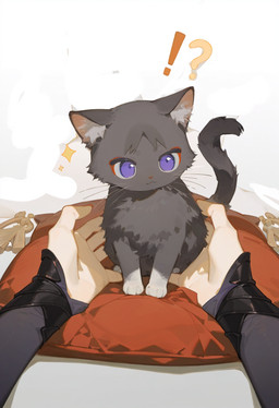 black_body black_fur fur looking_at_viewer pillow pov_hands purple_eyes simple_background sitting solo_focus sparkles tail ztaiai3 genshin_impact scaramouche_(genshin_impact) domestic_cat felid feline felis mammal absurd_res hi_res
