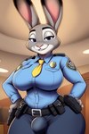 anthro ascar bedroom_eyes big_breasts breasts bulge clothing gynomorph humanoid intersex judy_hopps lagomorph leporid looking_at_viewer mammal narrowed_eyes naughty_face rabbit seductive smile solo solo_focus thick_thighs uniform zootopia