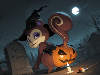 anthro anus big_butt bodypaint bottomless butt butt_focus candle cemetery clothed clothing darkness female halloween jack-o'-lantern magic_user only_anus painted_butt pumpkin_butt solo spooky_theme witch mirakelpung animal_crossing nintendo pecan_(animal_crossing) mammal rodent sciurid hi_res