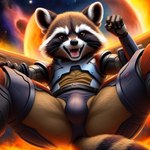 anthro bulge cub cybernetic_limb looking_at_viewer looking_down male open_mouth robotic_arms robotic_body solo spread_legs spreading young angry_puppy guardians_of_the_galaxy rocket_raccoon mammal procyonid raccoon