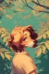 anthro brown_eyes brown_nose clothing detailed_background eyebrows eyelashes floppy_ears green_eyes hair leaf male orange_hair plant shirt smile topwear tree sappy_(director) bird_dog canid canine canis domestic_dog golden_retriever hunting_dog mammal retriever absurd_res hi_res