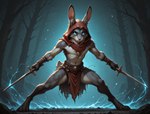 anthro athletic belt blue_eyes clothed clothing dagger dual_wielding ears_up fantasy fighting_pose forest forest_background front_view fur glistening glistening_eyes grey_body grey_fur holding_object holding_weapon hood jewelry lightning magic magic_user male melee_weapon nature nature_background night partially_clothed plant pose red_clothing scut_tail short_tail solo tree weapon white_body white_fur wraps medlem hare lagomorph leporid mammal rabbit hi_res