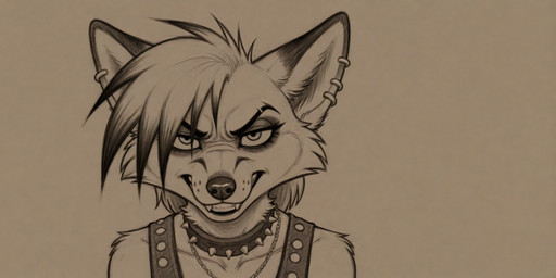 ambiguous_gender anthro cheeck_tuft clenched_teeth collar collarbone ear_piercing eyeshadow fangs hair hair_over_eye hair_over_one_eye jewelry looking_at_viewer makeup necklace one_eye_obstructed piercing shoulder_tuft simple_background smile smirk smirking_at_viewer solo spiked_collar spikes spiky_hair straps teeth teeth_showing tuft nnam_si3 canid canine fox mammal graphite_(artwork) headshot_portrait hi_res monochrome pencil_(artwork) portrait sketch traditional_media_(artwork)