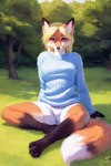 anthro black_body black_claws black_fur black_nose blonde_hair blue_clothing blue_sweater blue_topwear bottomwear breasts claws clothing female forest forest_background fox_tail fur hair hands_behind_back inner_ear_fluff long_sleeves long_tail looking_at_viewer multicolored_body multicolored_fur nature nature_background orange_body orange_fur plant shorts sitting_on_ground smile smiling_at_viewer solo sweater topwear tree tuft violet_eyes white_body white_bottomwear white_clothing white_fur white_shorts wolfine canid canine fox mammal