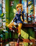 anthro bottomless clothed clothing female flower footwear furniture genitals high_heels looking_at_viewer one_leg_up plant pussy raised_leg school_uniform solo table tower uniform denis0k canid canine fox mammal hi_res