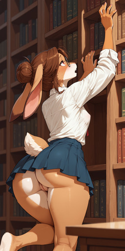 anthro arms_above_head big_butt blouse blue_bottomwear blue_clothing blush book bookshelf bottomwear breasts brunette butt clothing colored_nails dipstick_ears ears_down eyewear feet female fur furniture genitals glasses hair hair_bun hand_on_wall ineffective_clothing library long_ears multicolored_ears nails nipple_outline nose on_one_leg open_mouth pink_nails pink_nose pivoted_ears plump_labia pussy pussy_peek rabbit_ears raised_leg reaching rear_view red_eyes rolled_up_sleeves scut_tail shelf short_tail skirt sleeves small_breasts solo standing tan_body tan_fur teeth topwear upskirt white_body white_clothing white_fur white_topwear whigwham lagomorph leporid mammal rabbit 21:9 absurd_res hi_res