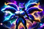 anthro breasts celestial_body celestial_fur dark_body dark_fur facial_tuft female fur genitals macro multi_tail nebula pussy smile solo space white_body white_eyeshadow white_fur metaforce canid canine celestial_being fox mammal