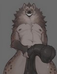 anthro balls big_balls big_penis black_balls black_nipples black_penis black_sclera brown_body brown_fur equine_genitalia fur genitals grey_body grey_fur grin huge_balls huge_penis looking_at_viewer male nipples orange_eyes penis saggy_balls smile smiling_at_viewer solo oldhroft ahtos_peltenein_(lights_in_the_darkness) hyaenid mammal absurd_res hi_res