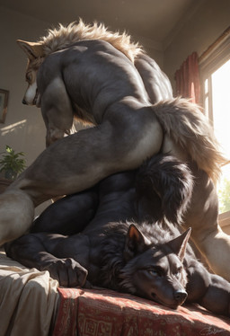 anal anal_knotting anal_penetration anthro anthro_on_anthro ass_to_ass ass_up athletic athletic_anthro athletic_male bed bedroom blue_eyes butt dark_body dark_fur dark_nose duo fur furniture grabbing_sheets grey_body grey_fur inside knotted knotting light lying male male/male nude on_bed on_front penetration penile sex smile spread_legs spreading sunlight tuft gray_wlf canid canine canis mammal wolf hi_res