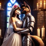 accessory anthro candle canid canine canis ceremony clothing domestic_dog dress duo eyes_closed female flower flower_in_hair german_shepherd hair hair_accessory hand_on_back herding_dog hugging inside lurktime_(director) male mammal medieval medieval_armor medieval_clothing pastoral_dog plant romantic romantic_couple standing wedding wedding_dress