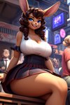 anthro big_breasts black_bottomwear black_clothing blue_eyes blurred_background blurry_eyes bottomwear bracelet breasts brown_body brown_fur brown_hair cleavage clothed clothing crowd dakka drill_curls female fur grin group hair half_body_shadow hi_res huge_breasts jewelry lagomorph laughing leporid looking_aside low-angle_view mammal rabbit sitting skimpy skirt smile solo street stretched_clothing topwear upskirt white_blouse white_clothing white_topwear