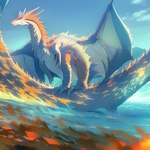 absurd_res blue_body dragon feral hi_res orange_body scalie serdagonn serdagonn_(character) sky stable_diffusion water