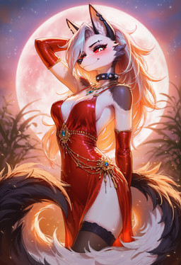 anthro breasts clothing collar dress female fluffy fluffy_tail fur gold_(metal) gold_jewelry grey_body grey_fur hair jewelry moon plant red_clothing red_dress red_sclera silver_hair solo spiked_collar spikes white_body white_fur nullspark hellaverse helluva_boss loona_(helluva_boss) canid canid_demon canine canis demon hellhound mammal wolf hi_res