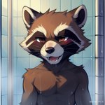 anthro front_view fur half-closed_eyes male mammal narrowed_eyes nude procyonid prompt raccoon rocket_raccoon shower solo voidfly_(director) wet wet_body wet_fur