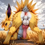anatomically_correct anatomically_correct_genitalia anatomically_correct_penis animal_genitalia animal_penis anus ass_up autumn bodily_fluids canine_genitalia canine_penis cloud dirt feral fluffy fluffy_fur fur genital_fluids genitals grey_sky head_down head_down_ass_up knot leaking_precum looking_at_viewer looking_back looking_back_at_viewer male penis plains precum precum_on_ground purple_eyes solo solo_focus wheat white_body white_fur yellow_body yellow_fur arvedui nintendo pokemon arid canid canine canis eeveelution generation_1_pokemon jolteon mammal pokemon_(species) absurd_res hi_res