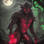 anthro balls black_body black_fur canid canine fur genitals glowing glowing_eyes icefoxai male mammal markings moon night penis red_eyes red_markings solo were werecanid werecanine werewolf