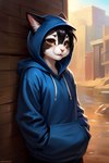 anthro black_body black_fur black_hair brown_eyes clothed clothing female fur hair hands_in_both_pockets hoodie raised_clothing raised_hoodie raised_topwear solo teenager topwear young mindry alva domestic_cat felid feline felis mammal tuxedo_cat attempted_signature