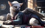 bed bedroom clothed clothing detailed_background detailed_fur female feral fur furniture lying_on_side on_bed realistic solo wings avian bird gryphon mythological_avian detailed hi_res