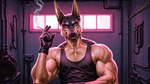 anthro bedroom_eyes biceps cigarette clothing ear_piercing ear_ring garage gloves handwear licking licking_lips looking_at_viewer male muscular narrowed_eyes piercing pink_eyes pink_light ring_piercing seductive shirt smoking solo tank_top teasing tongue tongue_out topwear vlrgromns billy_herrington canid canine mammal hi_res