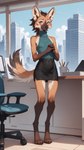 4_toes anthro barefoot biped black_bottomwear black_clothing blush bottomwear breasts brown_body brown_fur brown_hair building chair cheek_tuft city cityscape claws clothed clothing computer desk detailed_background digitigrade facial_tuft feet female fingers fur furniture green_eyes hair inner_ear_fluff inside long_legs looking_at_viewer miniskirt office office_chair paws skirt slim small_breasts solo standing table tail_motion tailwag toe_claws toes topwear tuft white_body white_fur window anotheranon canid canine mammal maned_wolf absurd_res hi_res