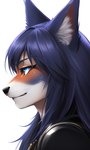 anthro black_nose blue_eyes blue_hair canid canine clothing female fox fur hair hi_res icon inner_ear_fluff mammal multicolored_body multicolored_fur solo stable_diffusion tuft