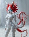 andromorph anthro blue_eyes breasts female fur intersex multi_tail nude solo white_body white_fur chimera mammal absurd_res hi_res portrait