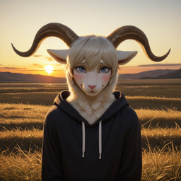 anthro blue_eyes blush clothing hoodie horn male solo sunset topwear pinasheep69 beastars pina_(beastars) bovid caprine mammal sheep