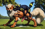 all_fours anal anal_penetration anatomically_correct anatomically_correct_genitalia animal_genitalia animal_penis arcanine balls bodily_fluids canid canine canine_genitalia canine_penis cum cum_on_ground detailed detailed_background detailed_fur director_firewolf doggystyle duo eeveelution feral feral_on_feral feral_penetrated from_behind_position furryrock_(model) generation_1_pokemon generation_2_pokemon genital_fluids genitals hi_res knot looking_at_viewer male male/male mammal paws penetration penis pokemon_(species) sex side_view size_difference small_dom_big_sub umbreon