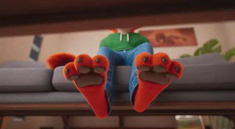 anthro bottomwear close-up clothing foot_fetish fur looking_at_viewer low-angle_view male multicolored_body multicolored_fur solo sora_2 topwear shut_up_and_watch canid canine fox mammal animated short_playtime webm