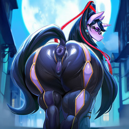 anus butt butt_focus clothing crossover female feral genitals looking_at_viewer moon night pussy solo anonymous_director my_little_pony bayonetta_(character) equid equine horse mammal pony
