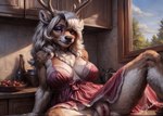 amber_eyes anthro antlers blonde_hair bodily_fluids breasts brown_body brown_fur capreoline cervid clothing female fur genital_fluids genitals gilkardex hair hi_res horn kitchen looking_at_viewer mammal nightgown presenting presenting_pussy pussy reindeer seductive smile solo spread_legs spreading tuft