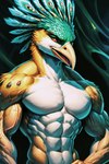 abs anthro athletic athletic_anthro athletic_male beak biceps feathers featureless_chest head_crest looking_at_viewer male multicolored_body muscular muscular_anthro muscular_male navel nude pecs red_eyes solo veiny_biceps white_body birdovo avian bird galliform peafowl phasianid half-length_portrait hi_res portrait