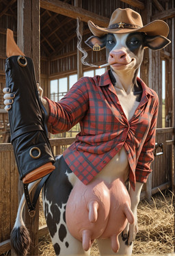 anthro barn bottomless breasts cigarette cigarette_in_mouth clothed clothing cowboy_hat ear_tag farm_girl female fence fingernails hat hay headgear headwear leaning leaning_back looking_at_viewer nails navel offering_to_viewer pattern_clothing pattern_topwear penetrable_sex_toy plaid plaid_clothing plaid_topwear sex_toy shirt small_breasts smile smirk smoking solo teats tied_shirt topwear udders veiny_udders pupgray hi_res