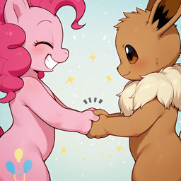 anthro blush brown_body brown_fur crossover cutie_mark duo female fur hair hand_holding happy long_hair male nude pink_hair simple_background smile tuft anonymous_director friendship_is_magic my_little_pony nintendo pokemon pinkie_pie_(mlp) eevee equid equine generation_1_pokemon horse mammal pokemon_(species) pony