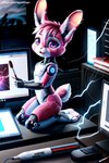 anthro computer female hair hi_res lagomorph leporid machine mammal paws pink_eyes pink_hair pixel rabbit robot robotic_arms robotic_body robotic_legs solo stylus tablet venisoncreampie